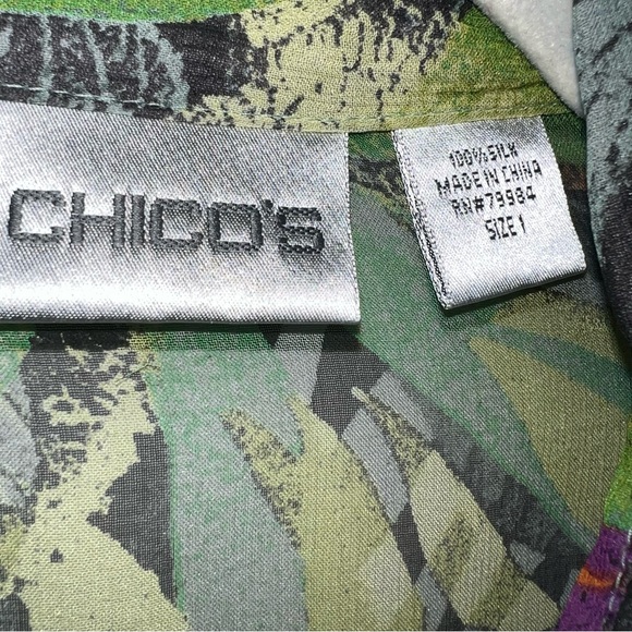 Chico's 100% Silk Button Front Blouse-Multicolor-Long Roll Tab Sleeves-Small - Picture 7 of 9